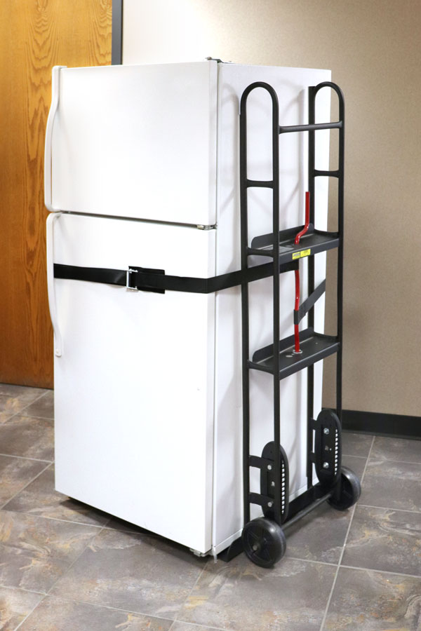 Appliance Hand Trucks with strapped on refrigerator